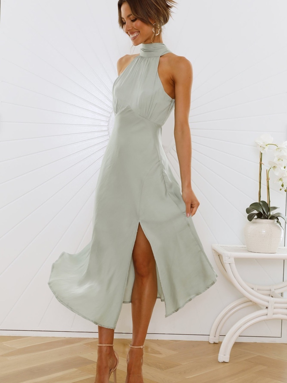 275. Hello Molly Sage Green Halter Midi Dress